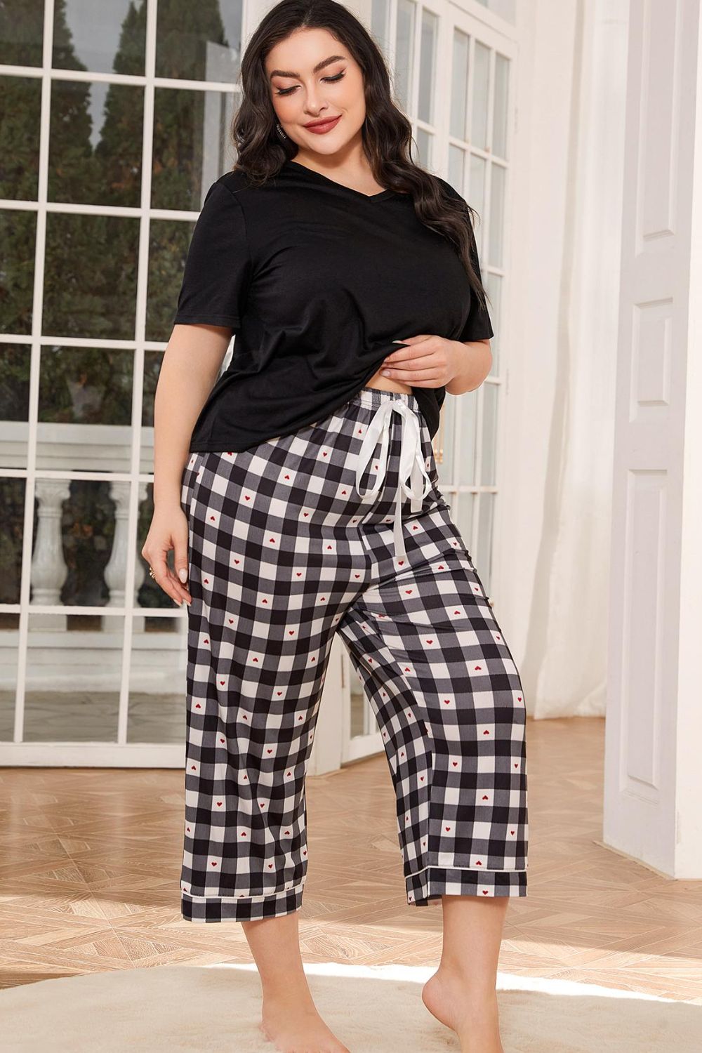 V-Neck Tee and Plaid Cropped Pants Lounge Set - Fashion Finder Hub