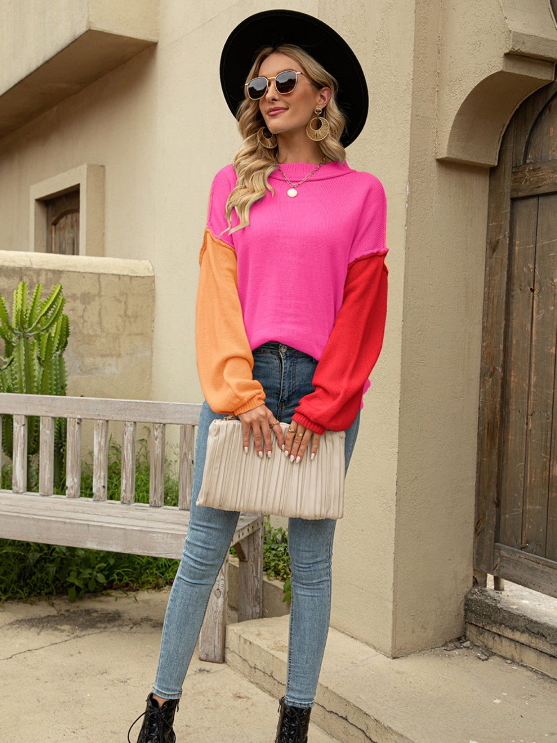 Color Block Dropped Shoulder Sweater - Fashion Finder Hub