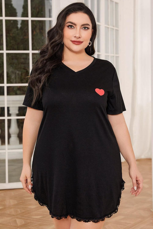 Plus Size Lace Trim V-Neck Short Sleeve Night Dress - Fashion Finder Hub