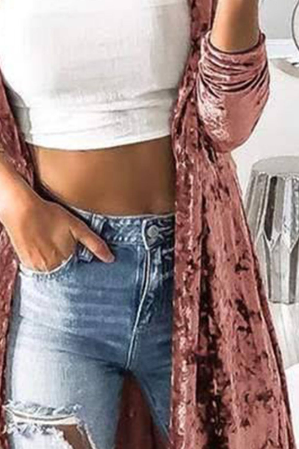 Open Front Long Sleeve Longline Velvet Cardigan - Fashion Finder Hub