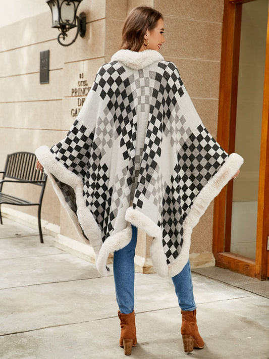 Checkered Faux Fur Trim Poncho - Fashion Finder Hub