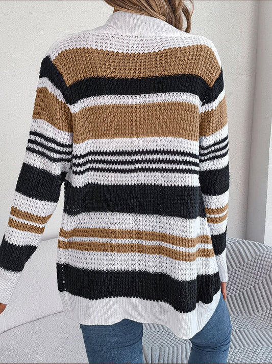 Striped Open Front Long Sleeve Cardigan - Fashion Finder Hub