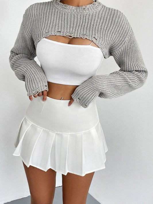 Distressed Long Sleeve Cropped Sweater - Fashion Finder Hub
