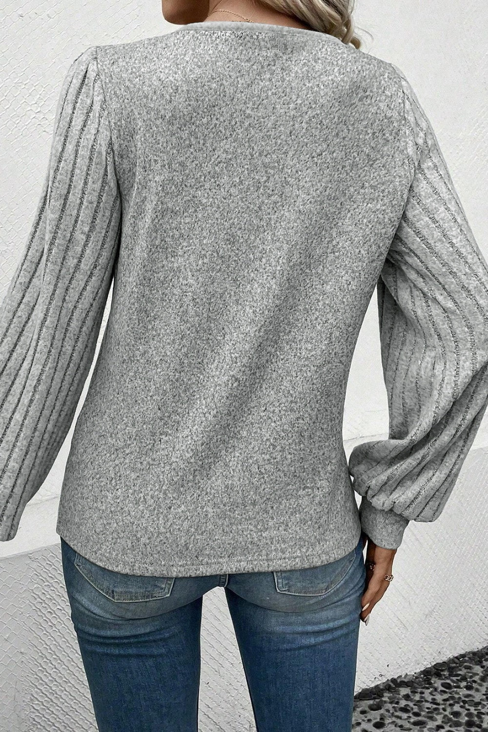 Decorative Button V-Neck Lantern Sleeve Blouse - Fashion Finder Hub