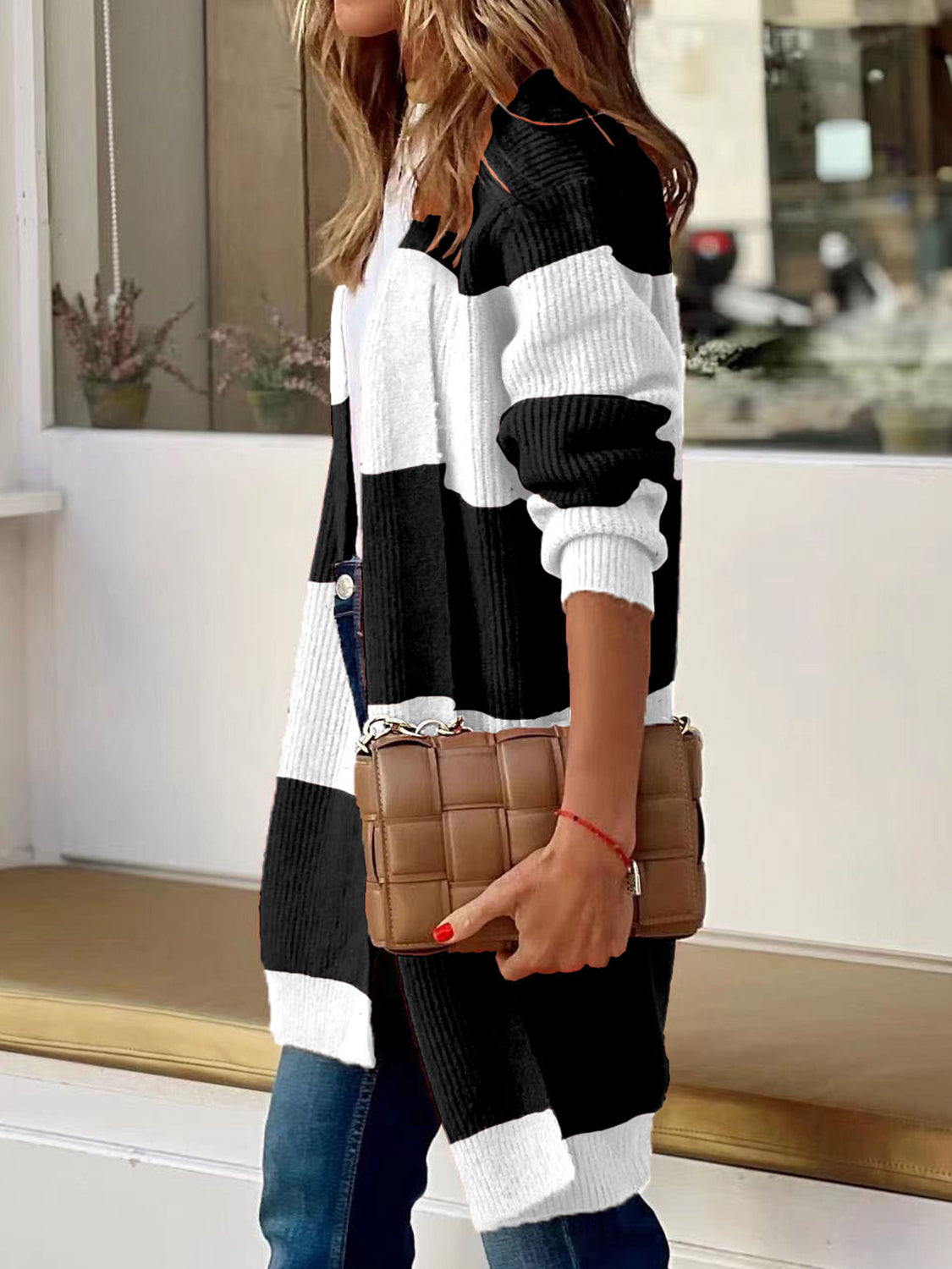 Contrast Open Front Long Sleeve Cardigan - Fashion Finder Hub