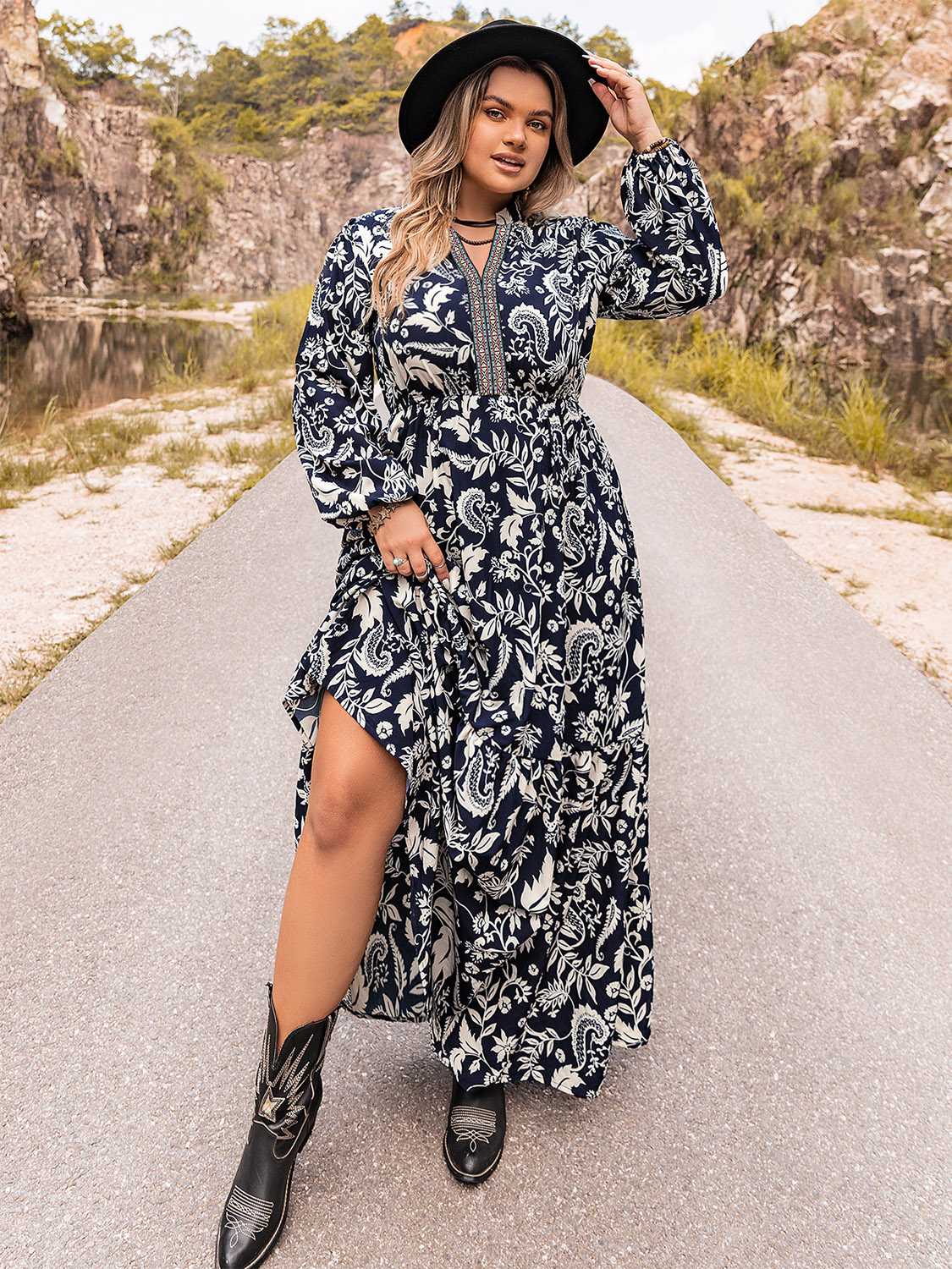 Plus Size Long Sleeve Maxi Dress - Fashion Finder Hub