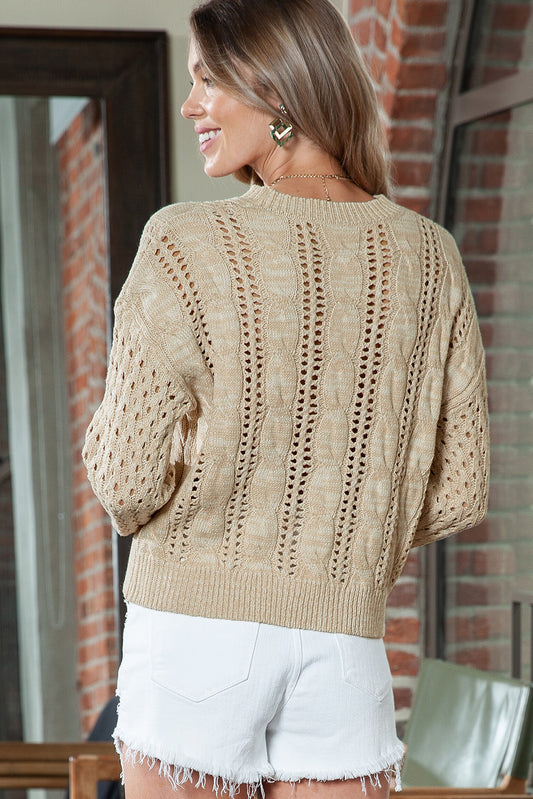 Full Size Openwork Cable-Knit Round Neck Knit Top - Fashion Finder Hub