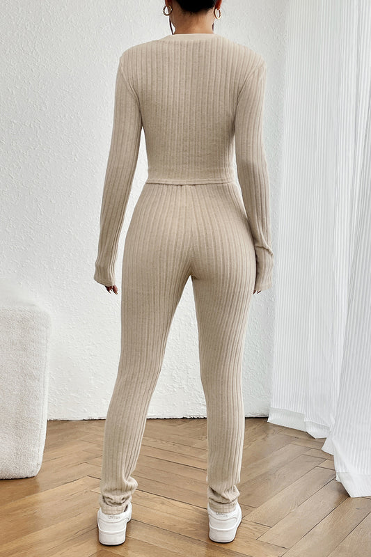 Ribbed V-Neck Long Sleeve Cropped Top and Pants Set - Fashion Finder Hub