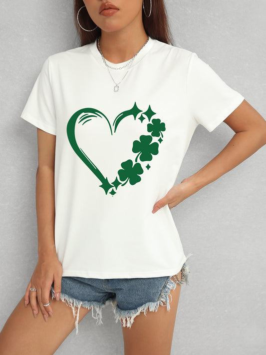Heart Lucky Clover Round Neck Short Sleeve T-Shirt - Fashion Finder Hub