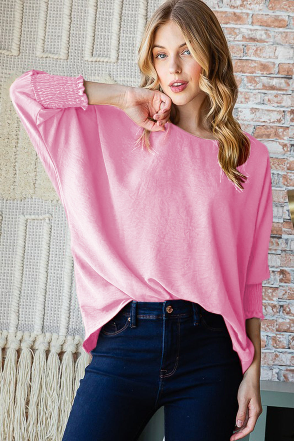 Reborn J Texture Round Neck Smocked Half Sleeve Top - Fashion Finder Hub