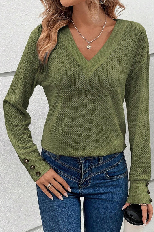Decorative Button V-Neck Long Sleeve T-Shirt - Fashion Finder Hub