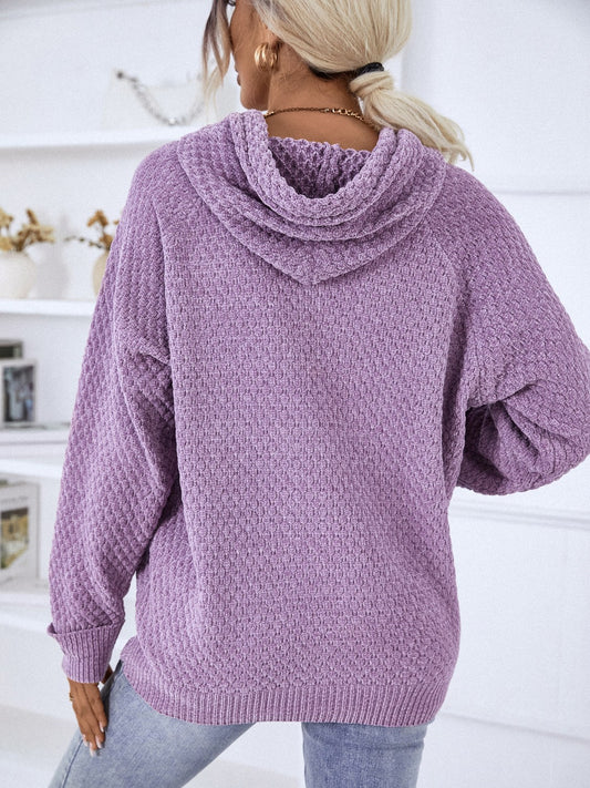 Texture Drawstring Long Sleeve Hooded Sweater - Fashion Finder Hub