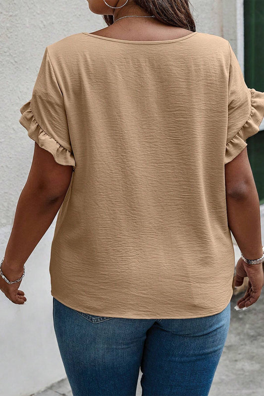 Plus Size Ruffled Petal Sleeve Round Neck T-Shirt - Fashion Finder Hub