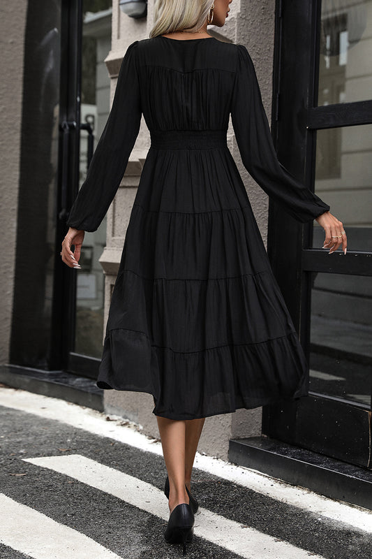 Tiered Ruched Button Up Midi Dress - Fashion Finder Hub
