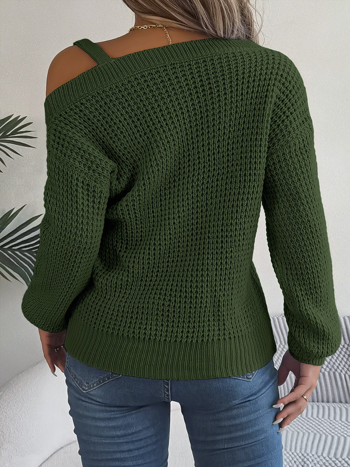 Asymmetrical Neck Long Sleeve Sweater - Fashion Finder Hub