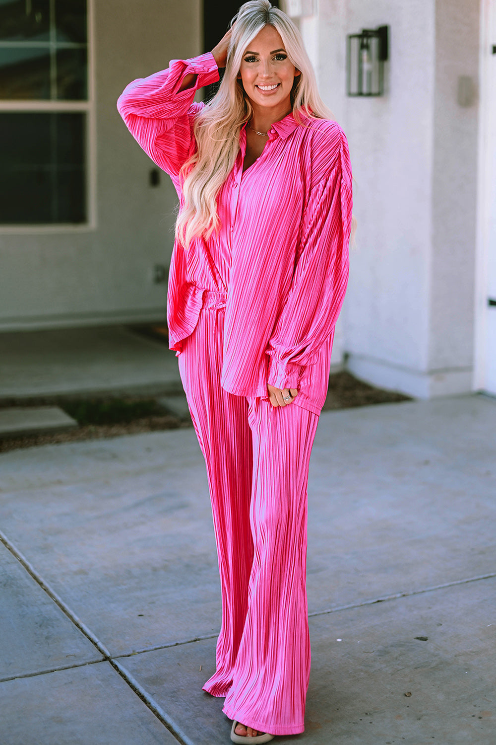 Pleated Button Up Shirt and Wide-Leg Pants Set - Fashion Finder Hub