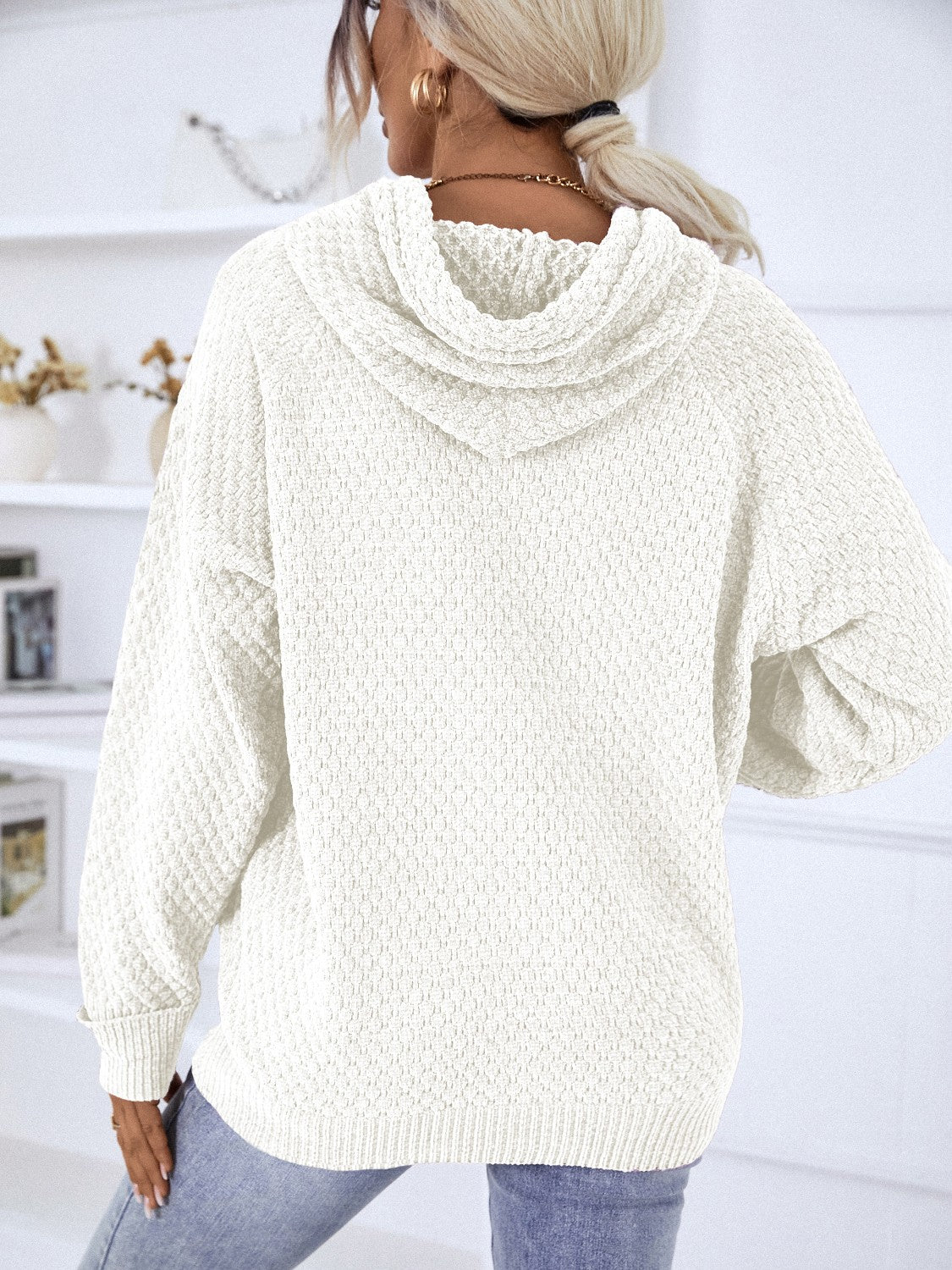 Texture Drawstring Long Sleeve Hooded Sweater - Fashion Finder Hub