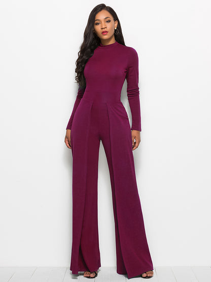 Long Sleeve Mock Neck Wide Leg Jumpsuit - Fashion Finder Hub