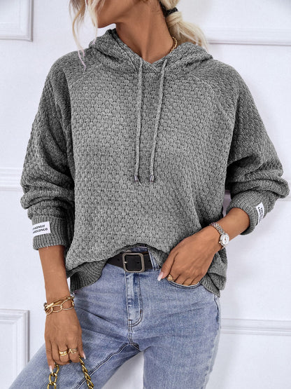 Texture Drawstring Long Sleeve Hooded Sweater - Fashion Finder Hub