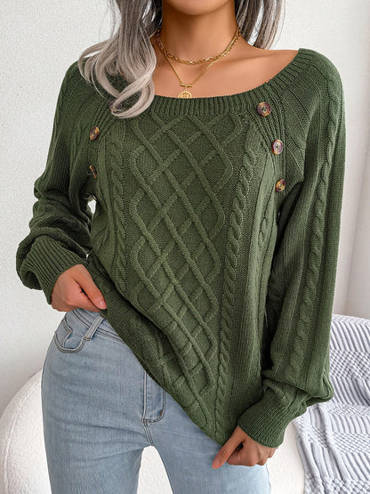 Decorative Button Cable-Knit Sweater - Fashion Finder Hub