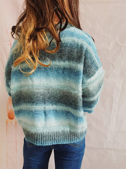 Striped Round Neck Long Sleeve Sweater - Fashion Finder Hub