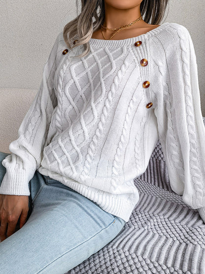 Decorative Button Cable-Knit Sweater - Fashion Finder Hub