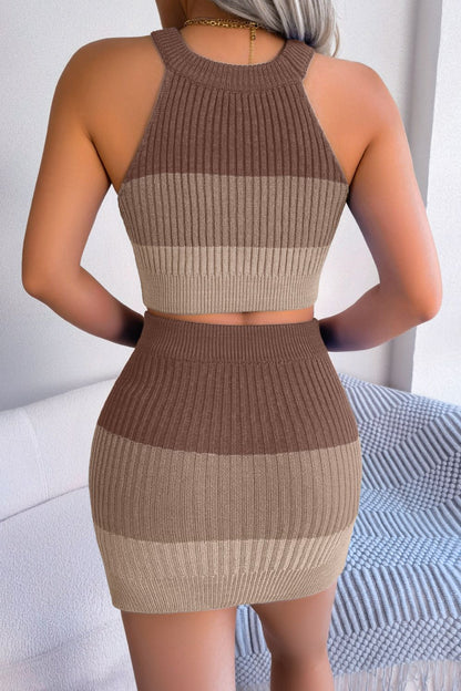 Color Block Sleeveless Crop Knit Top and Skirt Set - Fashion Finder Hub