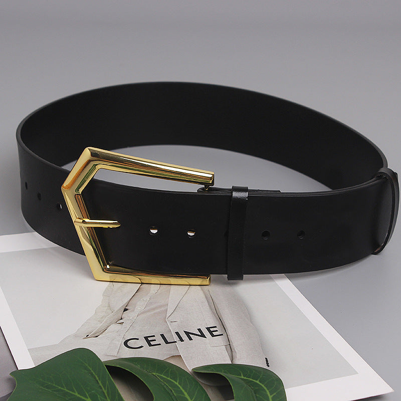 Concave Shape Large Pin Buckle Cowhide Wide Belt