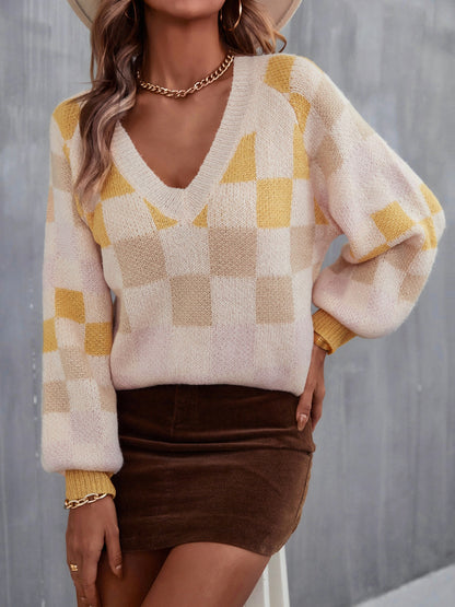 Checkered V-Neck Lantern Sleeve Sweater - Fashion Finder Hub