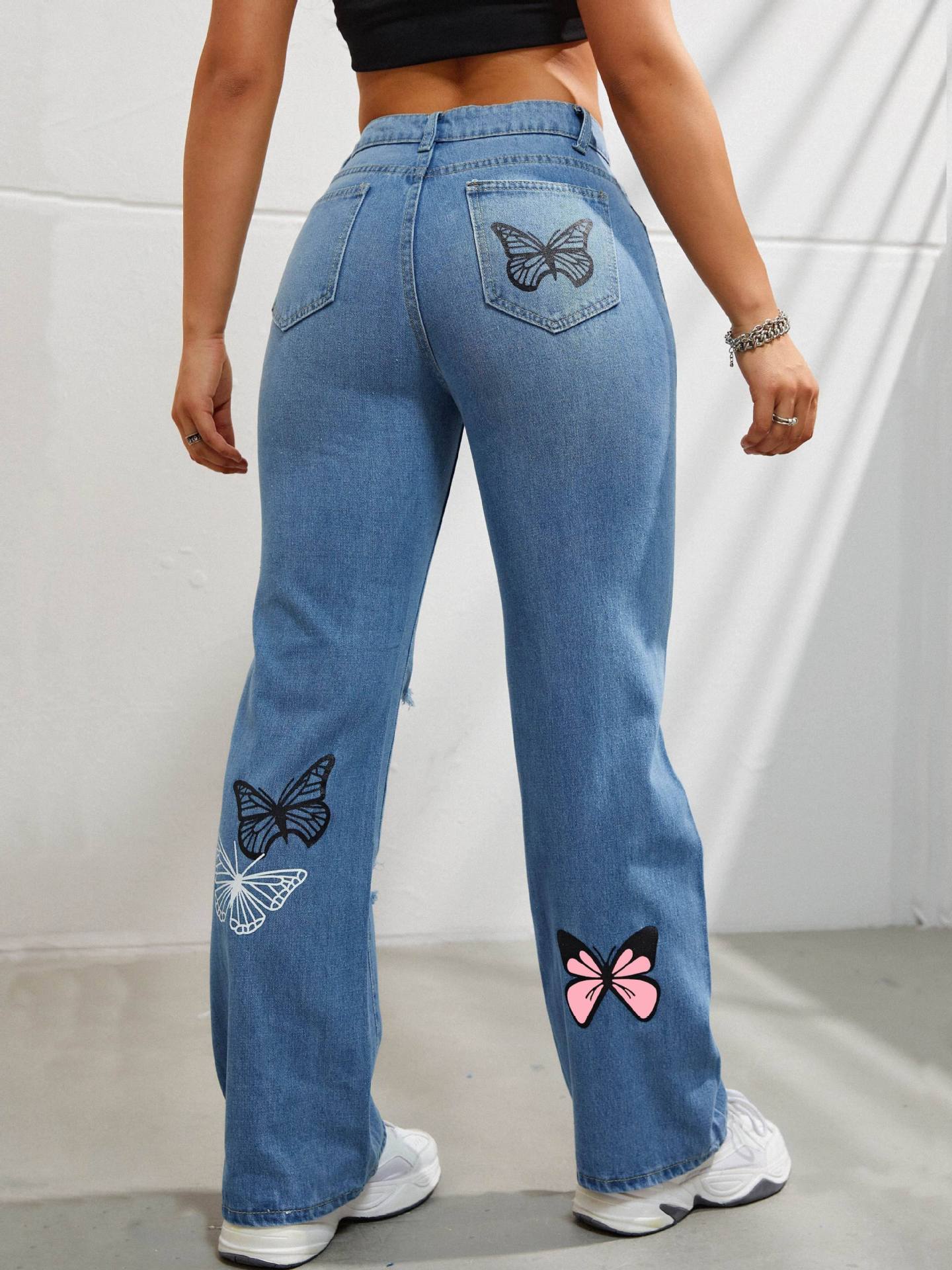 Buy Best Bestie Butterfly Print Ripped Distressed Denim (High Waist Jeans)