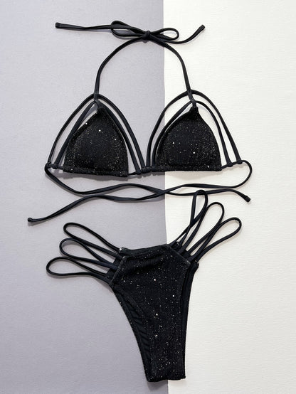 Glitter Halter Neck Strappy Two-Piece Bikini Set - Fashion Finder Hub
