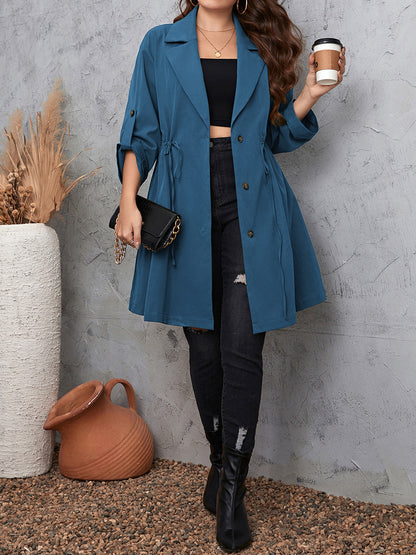 Plus Size Lapel Collar Drawstring Roll-Tab Sleeve Trench Coat - Fashion Finder Hub