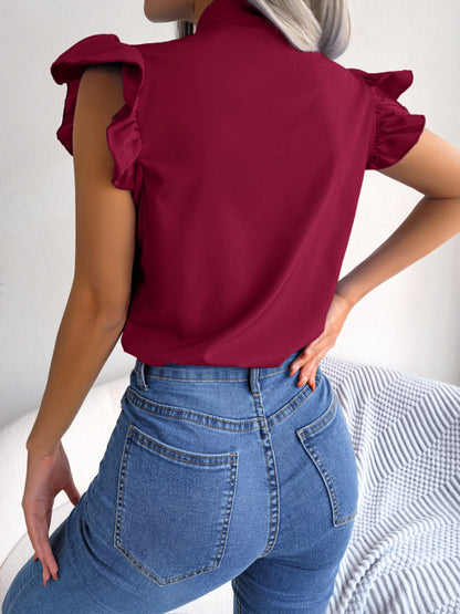 Tie  Neck Cap Sleeve Blouse - Fashion Finder Hub