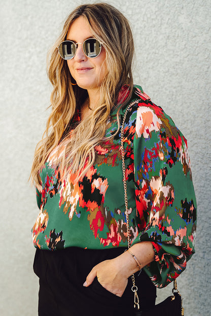 Plus Size Printed Johnny Collar Long Sleeve Blouse - Fashion Finder Hub