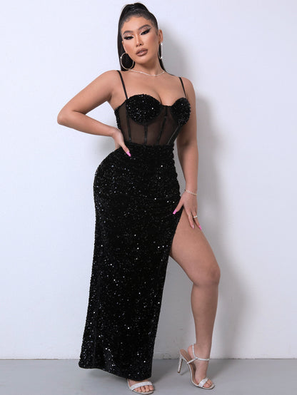 Sequin Spliced Mesh Adjustable Strap Dress - Fashion Finder Hub