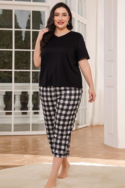 V-Neck Tee and Plaid Cropped Pants Lounge Set - Fashion Finder Hub