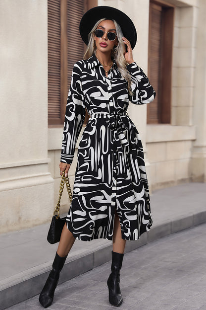 Printed Tie Front Collared Neck Slit Shirt Dress - Fashion Finder Hub
