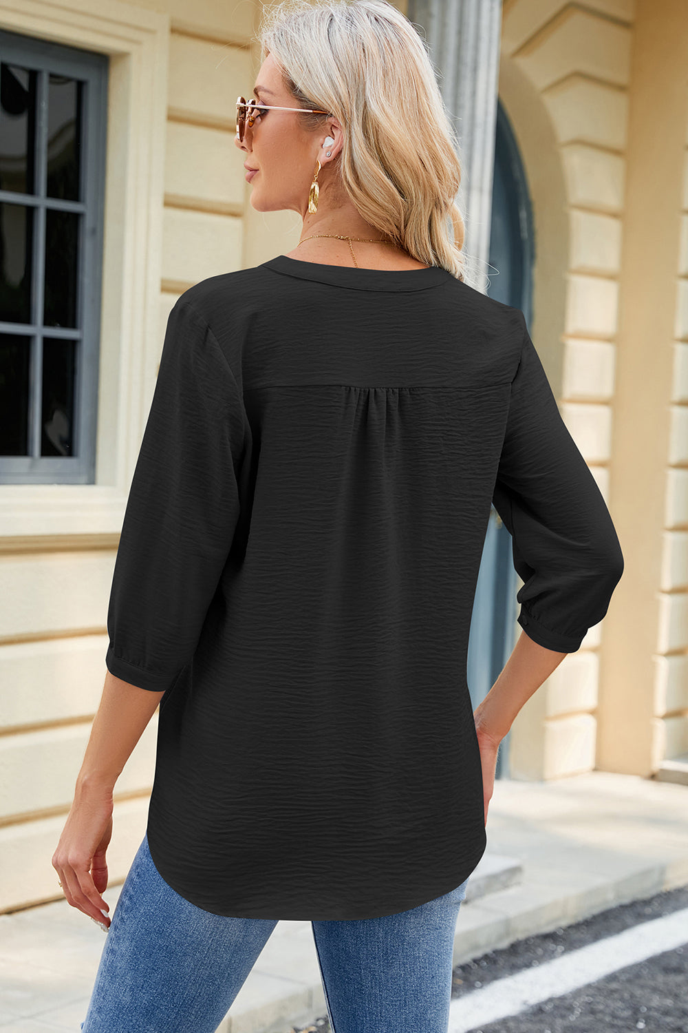 Notched Three-Quarter Sleeve T-Shirt - Fashion Finder Hub