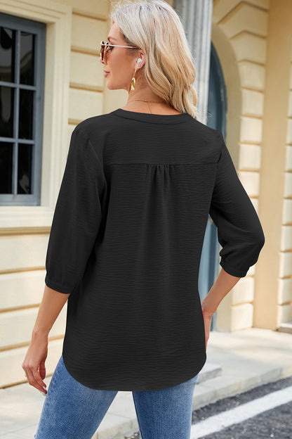 Notched Three-Quarter Sleeve T-Shirt - Fashion Finder Hub