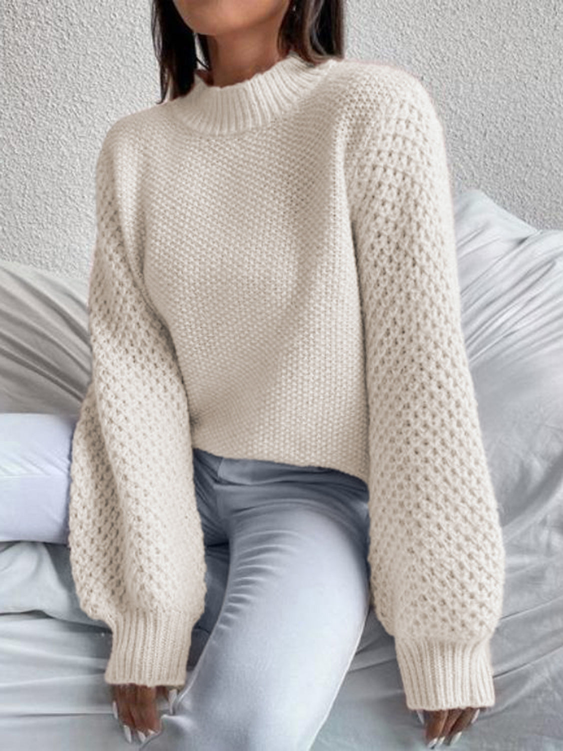 Openwork Mock Neck Long Sleeve Sweater - Fashion Finder Hub