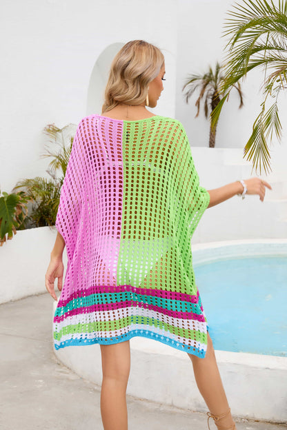 Contrast Scoop Neck Openwork Half Sleeve Cover Up - Fashion Finder Hub