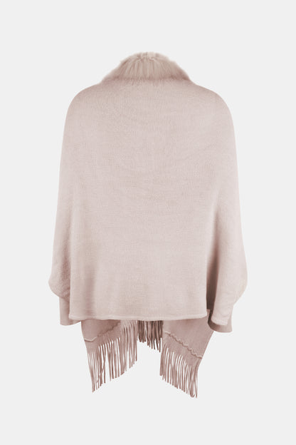 Fringe Open Front Long Sleeve Poncho - Fashion Finder Hub
