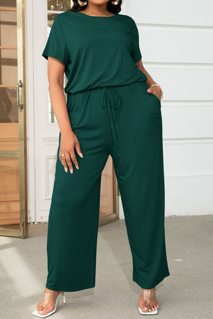 Plus Size Drawstring Waist Short Sleeve Jumpsuit - Fashion Finder Hub