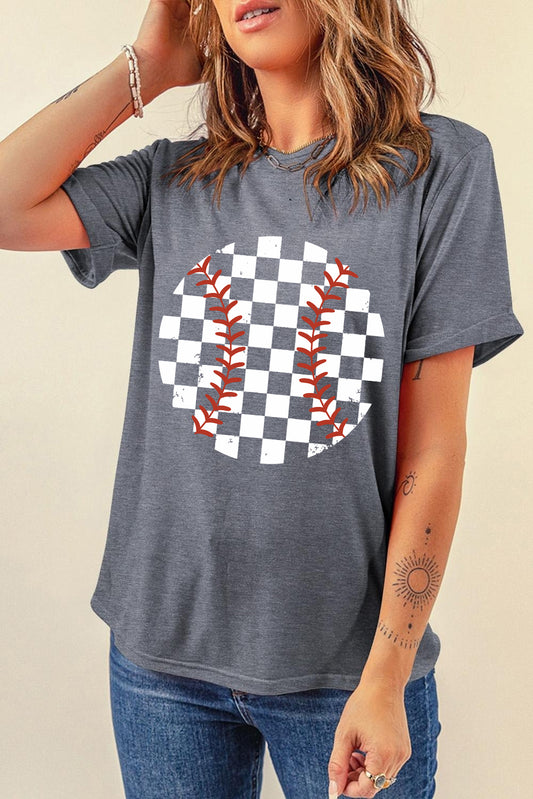 Checkered Graphic Round Neck Short Sleeve T-Shirt - Fashion Finder Hub