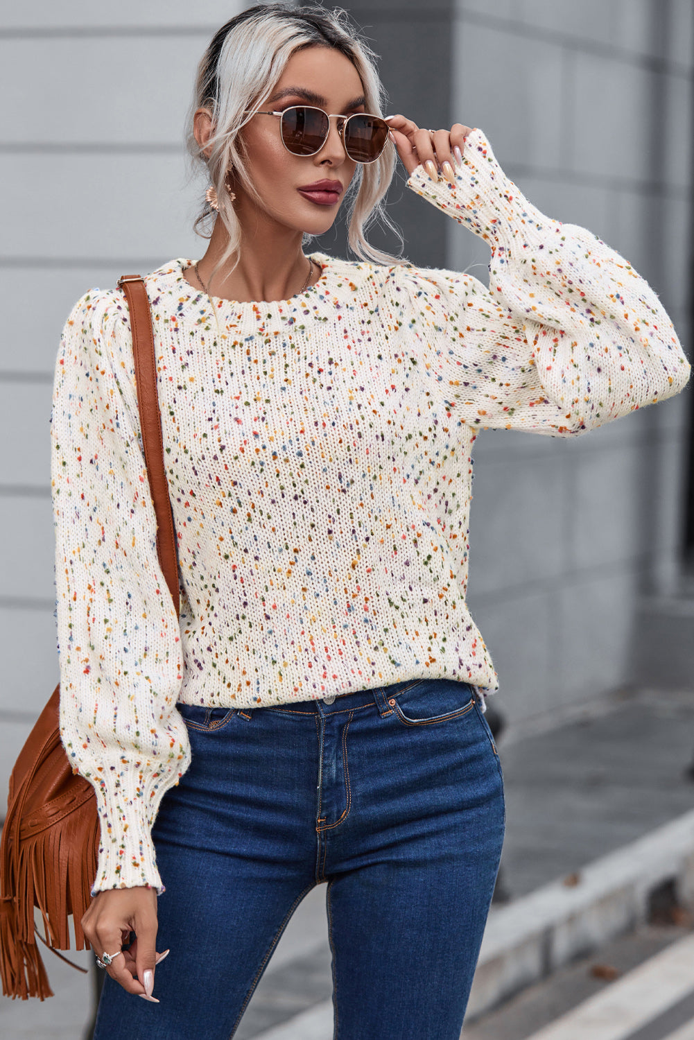 Heathered Round Neck Lantern Sleeve Sweater - Fashion Finder Hub