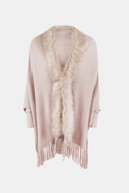 Fringe Open Front Long Sleeve Poncho - Fashion Finder Hub