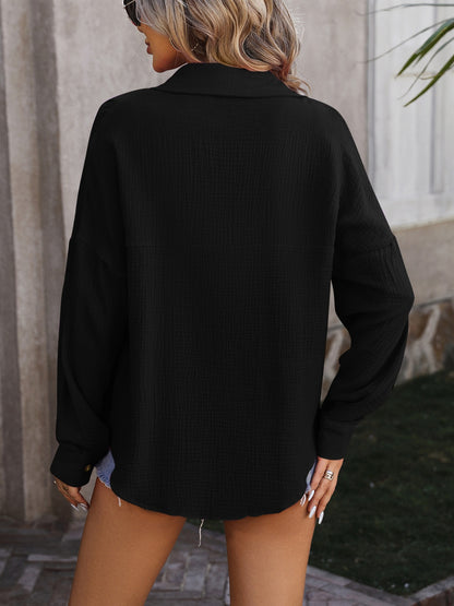 Textured Pocketed Button Up Dropped Shoulder Shirt - Fashion Finder Hub