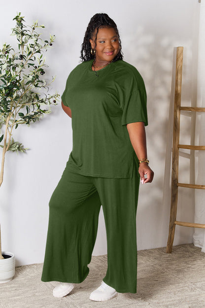 Double Take Full Size Round Neck Slit Top and Pants Set - Fashion Finder Hub