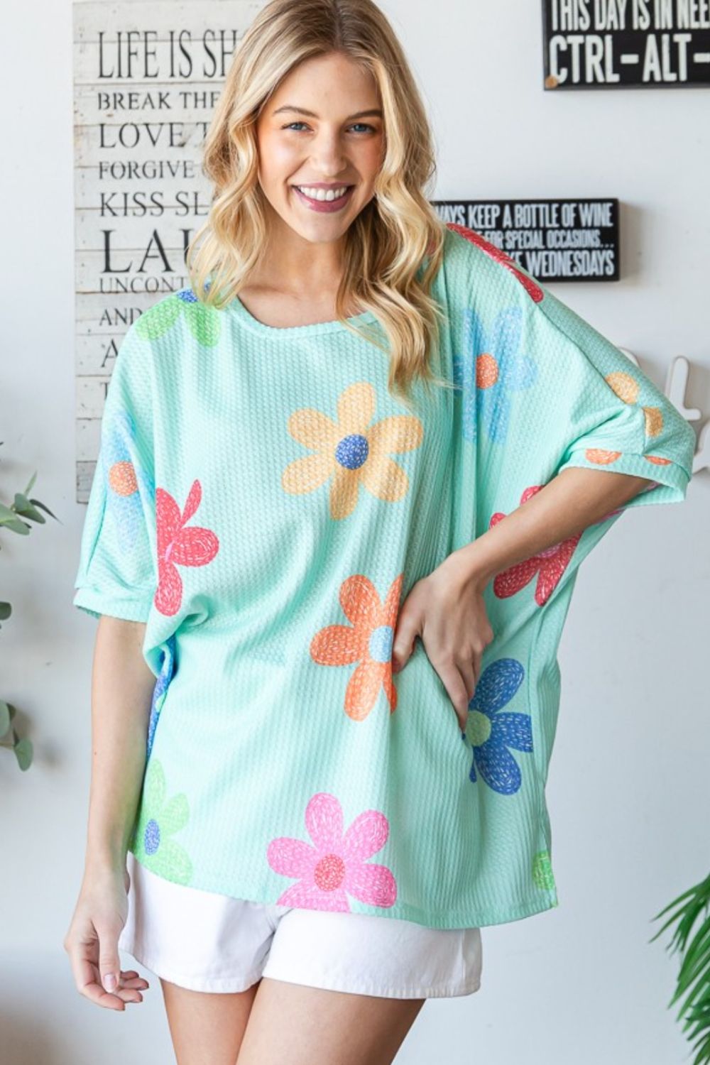 HOPELY Floral Waffle Oversize T-Shirt - Fashion Finder Hub