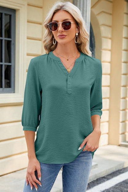Notched Three-Quarter Sleeve T-Shirt - Fashion Finder Hub